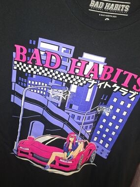 Bad Habits Black Graphic Tee with Pink & Purple Retro Car Art